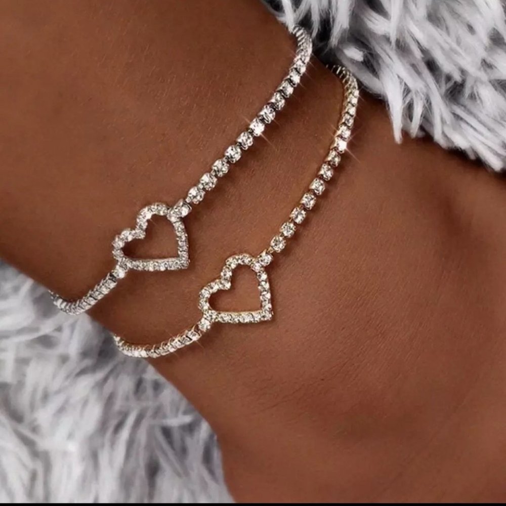 Heart anklet rhinestone open hallow diamond sparkly silver ankle bracelet y2k - Picture 5 of 5